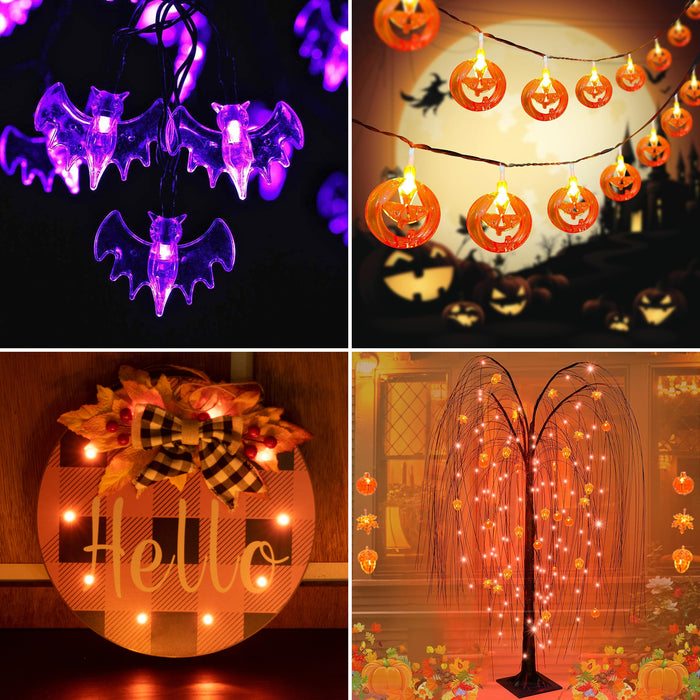 4 Set Halloween Decorative Light-30 LED 10Ft Purple Bat-20 LED 10Ft Pumpkin Lights-Halloween LED Hello Wreath-144 LED 4 Ft Light Up Willow Tree