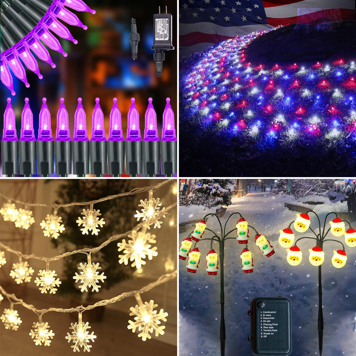 4 Set of Christmas Decorations Lights-66 Ft 200 LED Purple String Lights-300 LED Net Lights-20 Ft 40 LED Snowflake String Lights-14 LED Santa Claus Stake Lights
