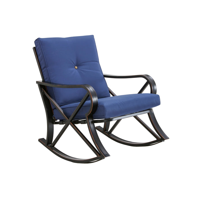 Luxury 3 Piece Outdoor Steel Rocking Chair Set Bistro Set with Coffee Table and Cushions 