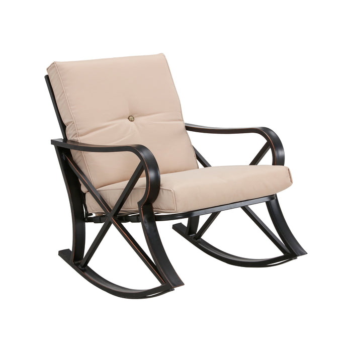 Luxury 3 Piece Outdoor Steel Rocking Chair Set Bistro Set with Coffee Table and Cushions 