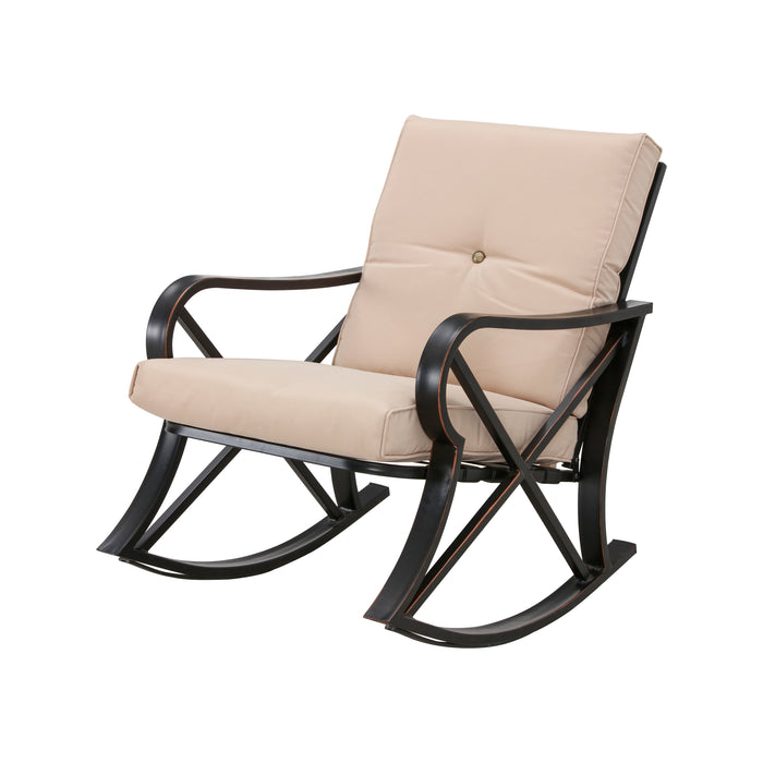 Luxury 3 Piece Outdoor Steel Rocking Chair Set Bistro Set with Coffee Table and Cushions