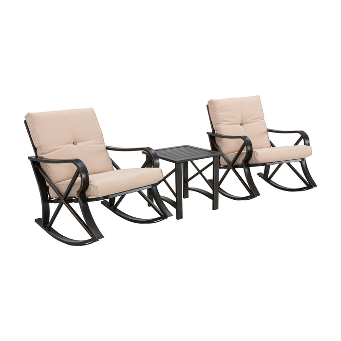 Luxury 3 Piece Outdoor Steel Rocking Chair Set Bistro Set with Coffee Table and Cushions