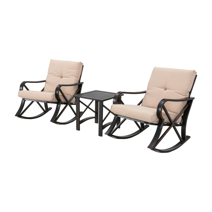 Luxury 3 Piece Outdoor Steel Rocking Chair Set Bistro Set with Coffee Table and Cushions