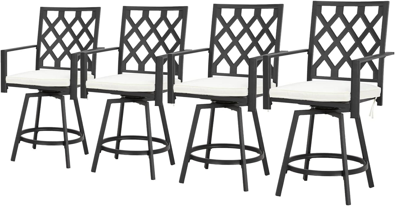 Outdoor 23.4" Swivel Counter Height Chairs with High Hollowed-Out Chair Back, Metal Frame and Removable Beige Cushions 