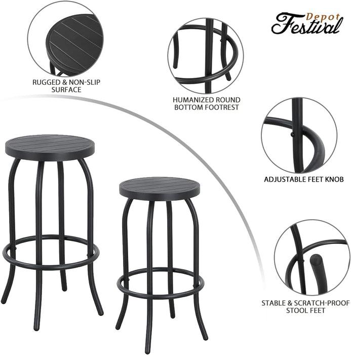 2-Pack Black Backless Bar Stool with Round Seat & Metal Frame, Foot Rest 