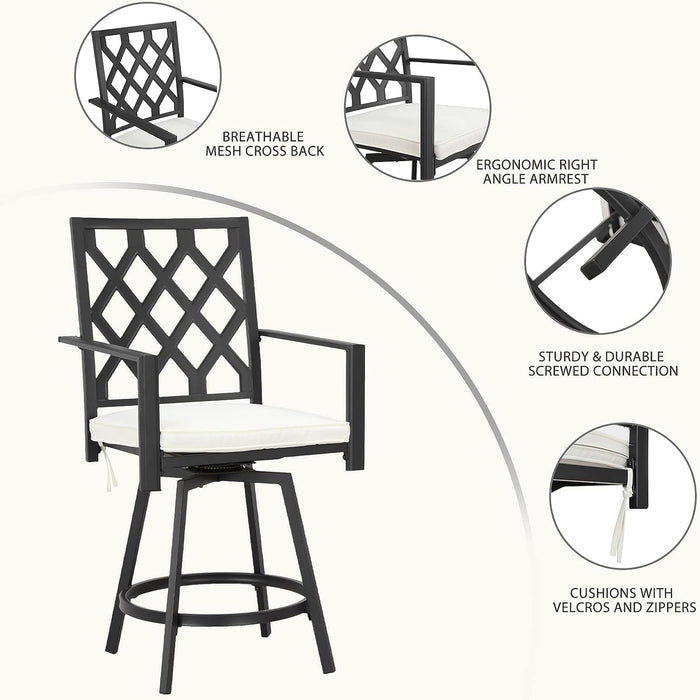 Outdoor 23.4" Swivel Counter Height Chairs with High Hollowed-Out Chair Back, Metal Frame and Removable Beige Cushions 