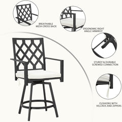 Sports Festival Outdoor Swivel Bar Stools Chair Set of All-Weather Patio Dining Furniture with High Hollowed-Out Chair Back, Metal Frame and Removable Beige Cushions for Deck Lawn Garden Backyard