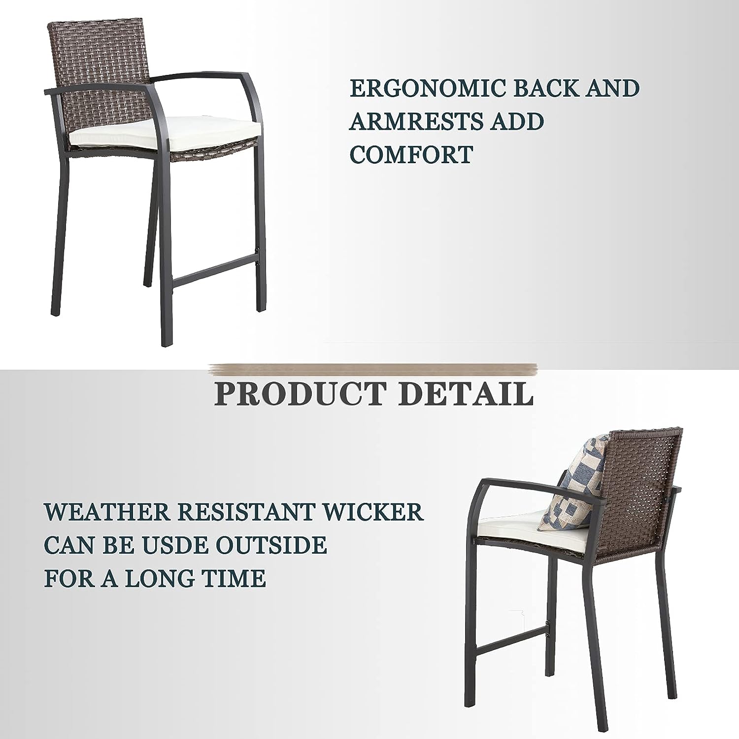 Festival Depot Wicker Bar Stools Patio Rattan Bistro Height Chairs Furniture Set with Beige Cushions, Footrests, Armrests, Metal Frame for Deck Poolside Porch Backyard