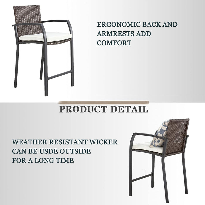 Elegance Wicker Counter Height Patio Stools Rattan Armrests Bar Chairs Set with Beige Cushions Footrests and Metal Frame 