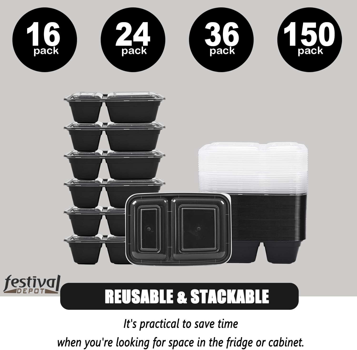 32 oz. 8.86"x 6.1"x 2.56" Rectangle 2 Compartment Meal Prep Containers, Plastic To Go Containers with Lids
