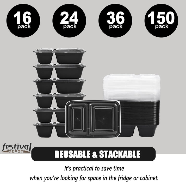 32 oz. 8.86"x 6.1"x 2.56" Rectangle 2 Compartment Meal Prep Containers, Plastic To Go Containers with Lids 