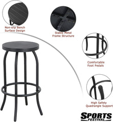 Sports Festival 3 Pcs Patio Bistro Height Set Outdoor Furniture, Backless Bar Stool Chair with Round Seat, Foot Pedals and 40" Tempered Glass Desktop Metal Frame Steel Square Table for Deck Porch Lawn