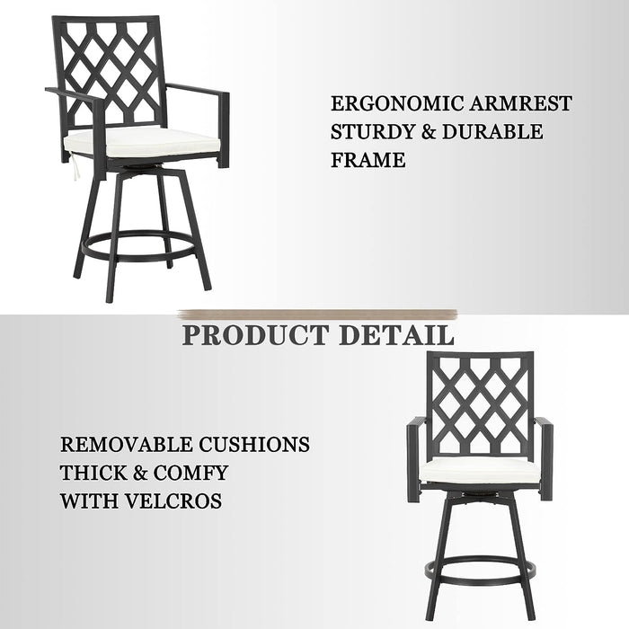 Outdoor 23.4" Swivel Counter Height Chairs with High Hollowed-Out Chair Back, Metal Frame and Removable Beige Cushions 