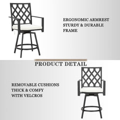 Sports Festival Outdoor Swivel Bar Stools Chair Set of All-Weather Patio Dining Furniture with High Hollowed-Out Chair Back, Metal Frame and Removable Beige Cushions for Deck Lawn Garden Backyard