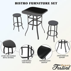 Sports Festival 3 Pcs Patio Bistro Height Set Outdoor Furniture, Backless Bar Stool Chair with Round Seat, Foot Pedals and 40" Tempered Glass Desktop Metal Frame Steel Square Table for Deck Porch Lawn