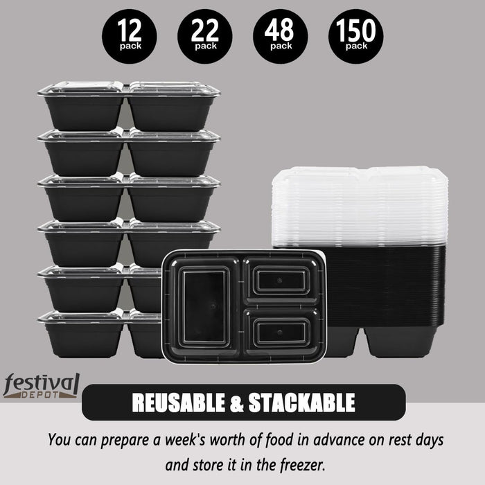43 oz. 9.84"x7.09"x2.56" Rectangle 3 Compartment Meal Prep Containers, Plastic To Go Containers with Lids 