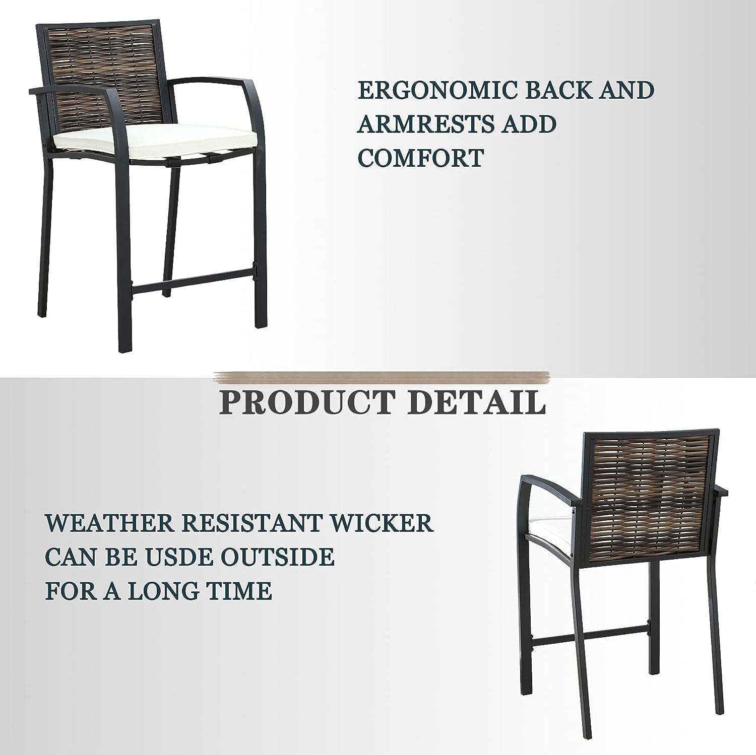 Festival Depot Wicker Bar Stools Patio Rattan Bistro Height Chairs Furniture Set with Beige Cushions, Footrests, Armrests, Metal Frame for Deck Poolside Porch Backyard