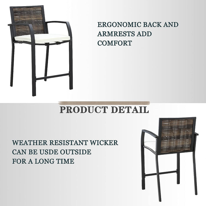 Elegance Wicker Counter Height Patio Stools Rattan Armrests Bar Chairs Set with Beige Cushions Footrests and Metal Frame 