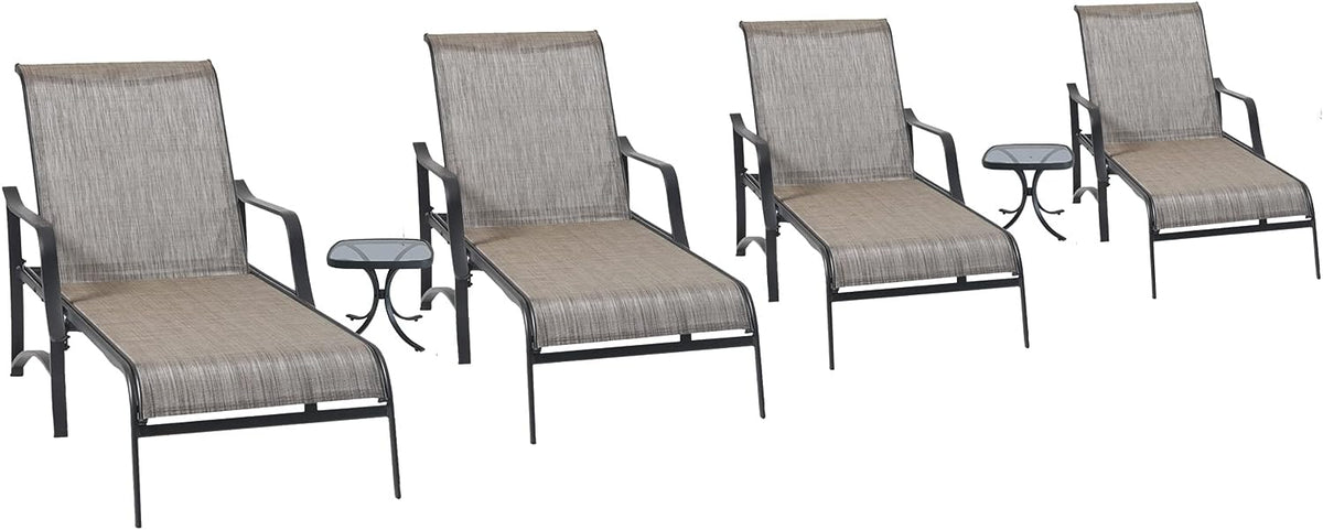Festival Depot Patio Bistro Outdoor Chaise Lounge Chair Set Textilene Furniture Metal Adjustable Back Curved Armrest with Glass Desktop Coffee Side Table for Porch Yard Garden