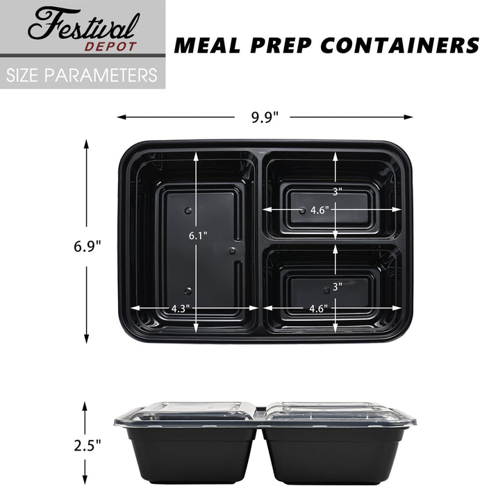 43 oz. 9.84"x7.09"x2.56" Rectangle 3 Compartment Meal Prep Containers, Plastic To Go Containers with Lids 