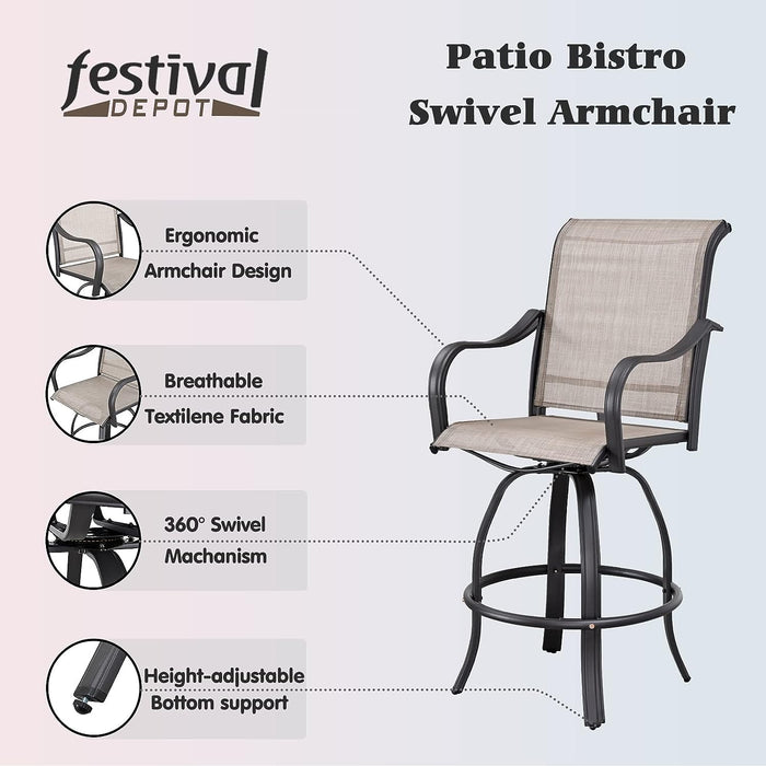 2-Piece Taupe 29.5" Bar Height Textilene Swivel Stool Armrests Dining Chairs for Outdoor Bistro Elegance