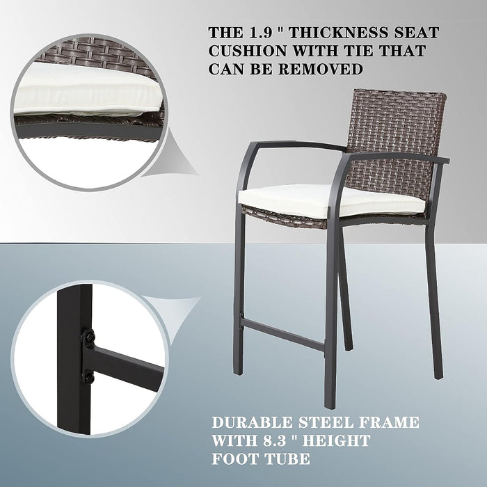 Elegance Wicker Counter Height Patio Stools Rattan Armrests Bar Chairs Set with Beige Cushions Footrests and Metal Frame 