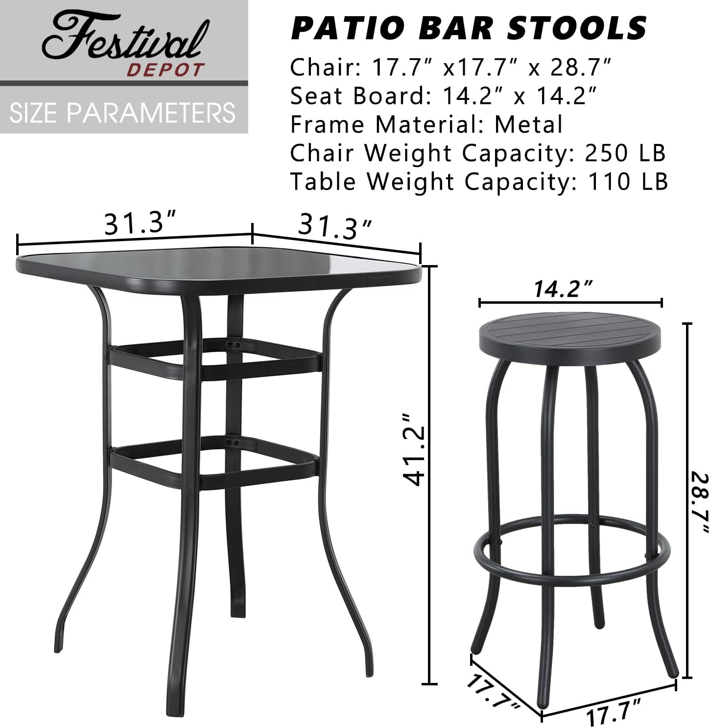 Sports Festival 3 Pcs Patio Bistro Height Set Outdoor Furniture, Backless Bar Stool Chair with Round Seat, Foot Pedals and 40" Tempered Glass Desktop Metal Frame Steel Square Table for Deck Porch Lawn