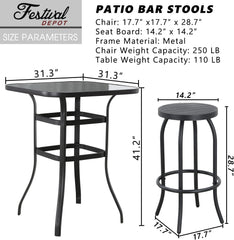 Sports Festival 3 Pcs Patio Bistro Height Set Outdoor Furniture, Backless Bar Stool Chair with Round Seat, Foot Pedals and 40" Tempered Glass Desktop Metal Frame Steel Square Table for Deck Porch Lawn