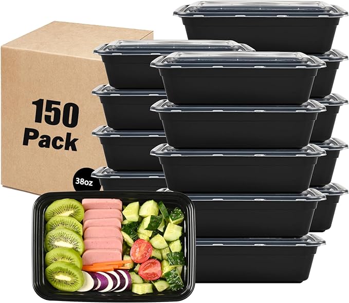 38 oz. 8.86"x 6.1"x 2.36" Rectangle 1 Compartment Meal Prep Containers, Plastic To Go Containers with Lids 