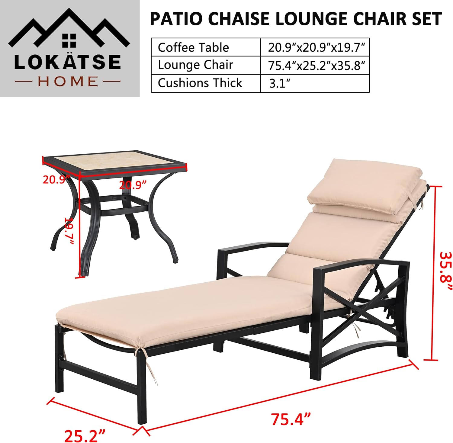 Festival Depot 3 Pieces Patio Outdoor Chaise Lounge Chairs with Cushions Set with Coffee Table Premium Fabric Metal Frame Furniture Garden Bistro Soft Backrest (Khaki)