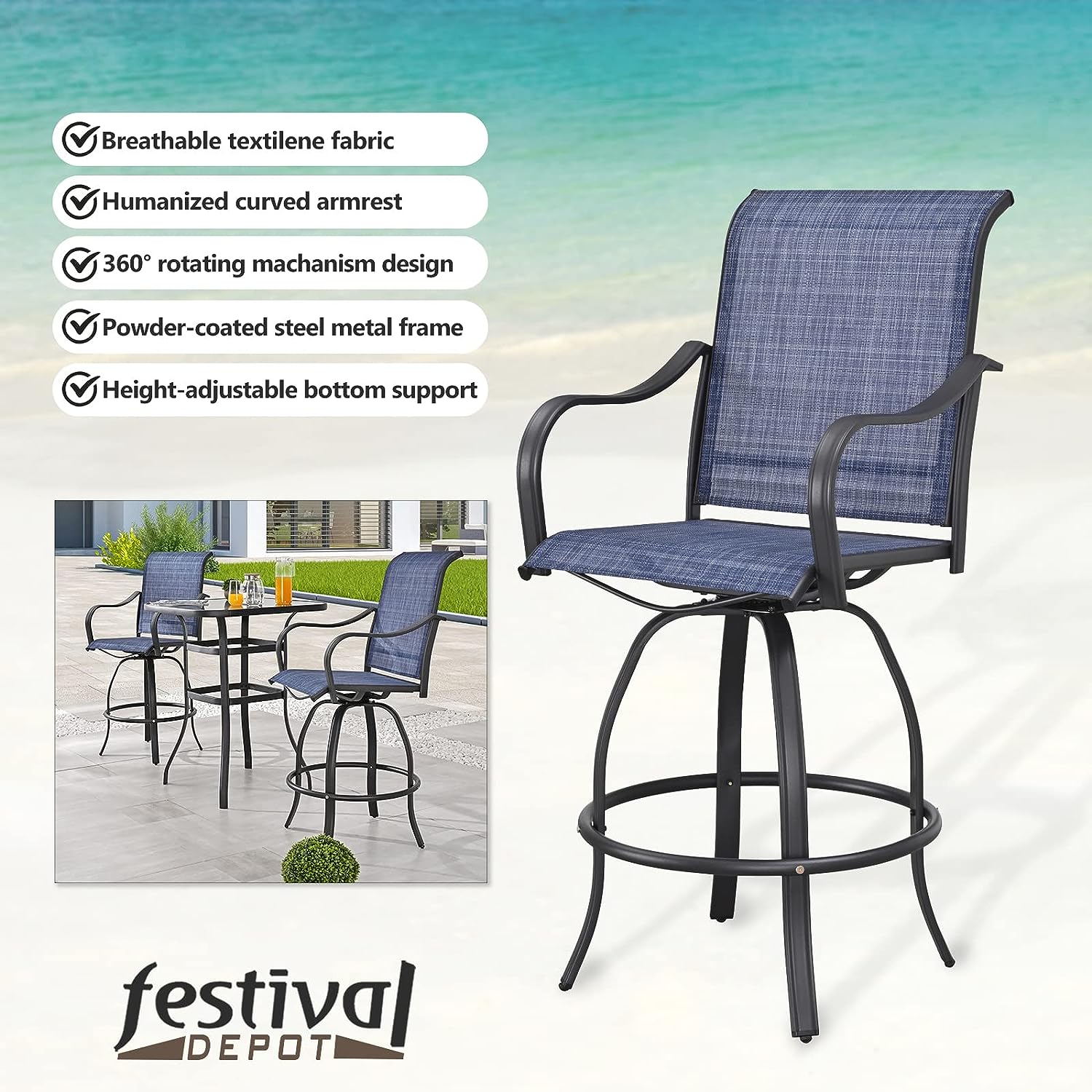 Festival Depot 2 Pcs Bar Bistro Patio Dining Chairs Textilene High Stools 360° Swivel Chairs with Curved Armrest and Metal Frame Outdoor Furniture for Garden Pool All-Weather (Blue)