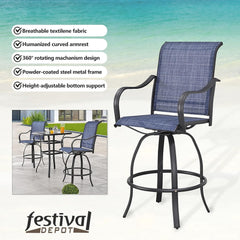 Festival Depot 2 Pcs Bar Bistro Patio Dining Chairs Textilene High Stools 360° Swivel Chairs with Curved Armrest and Metal Frame Outdoor Furniture for Garden Pool All-Weather (Blue)