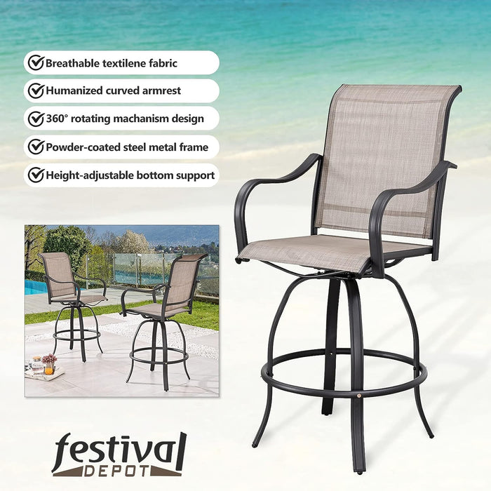 2-Piece Taupe 29.5" Bar Height Textilene Swivel Stool Armrests Dining Chairs for Outdoor Bistro Elegance