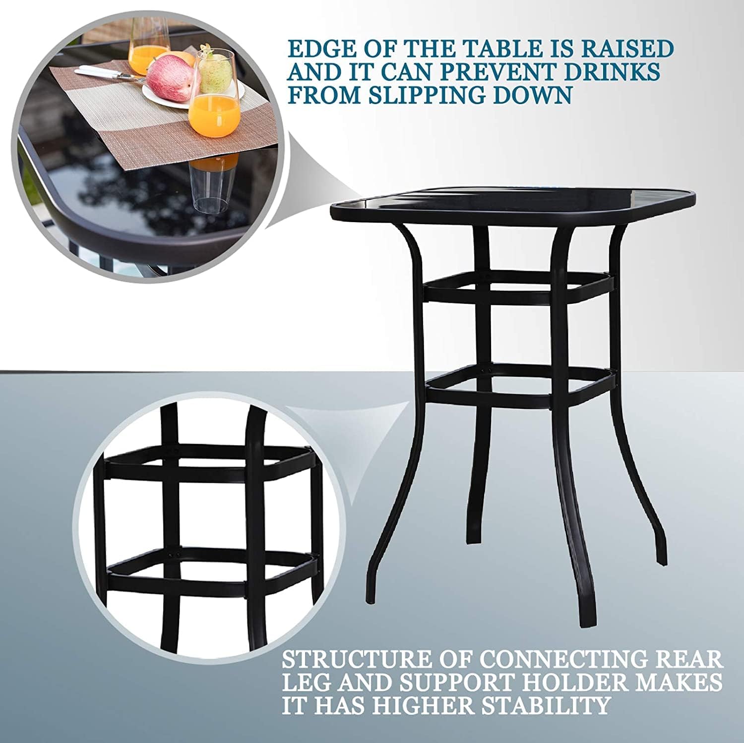 Sports Festival 3 Pcs Patio Bistro Height Set Outdoor Furniture, Backless Bar Stool Chair with Round Seat, Foot Pedals and 40" Tempered Glass Desktop Metal Frame Steel Square Table for Deck Porch Lawn