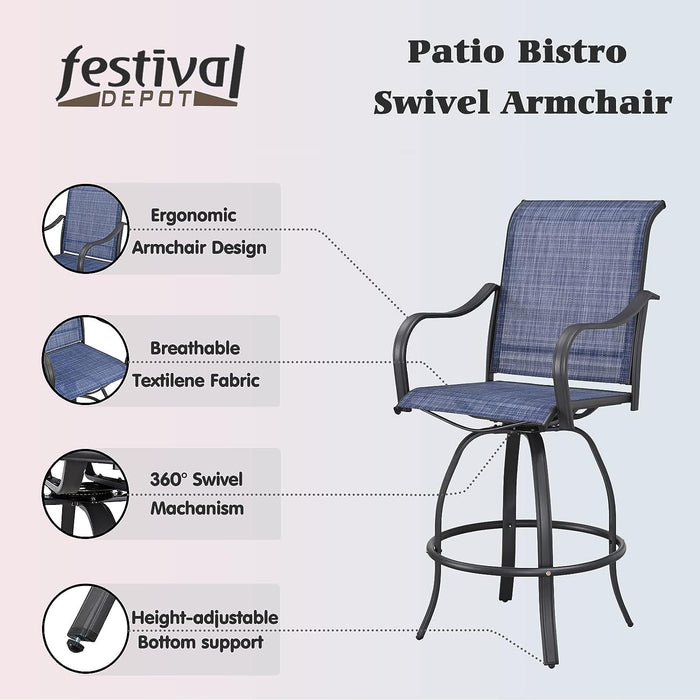 2-Pack Blue Counter Bar Height Textilene Swivel Stool Armrests Dining Chairs for Outdoor Bistro Elegance 