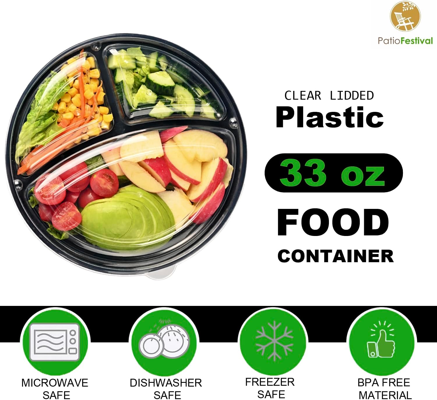 33 oz. 9.06" x 2.36" Round 3 Compartment Meal Prep Containers, Plastic To Go Containers with Lids
