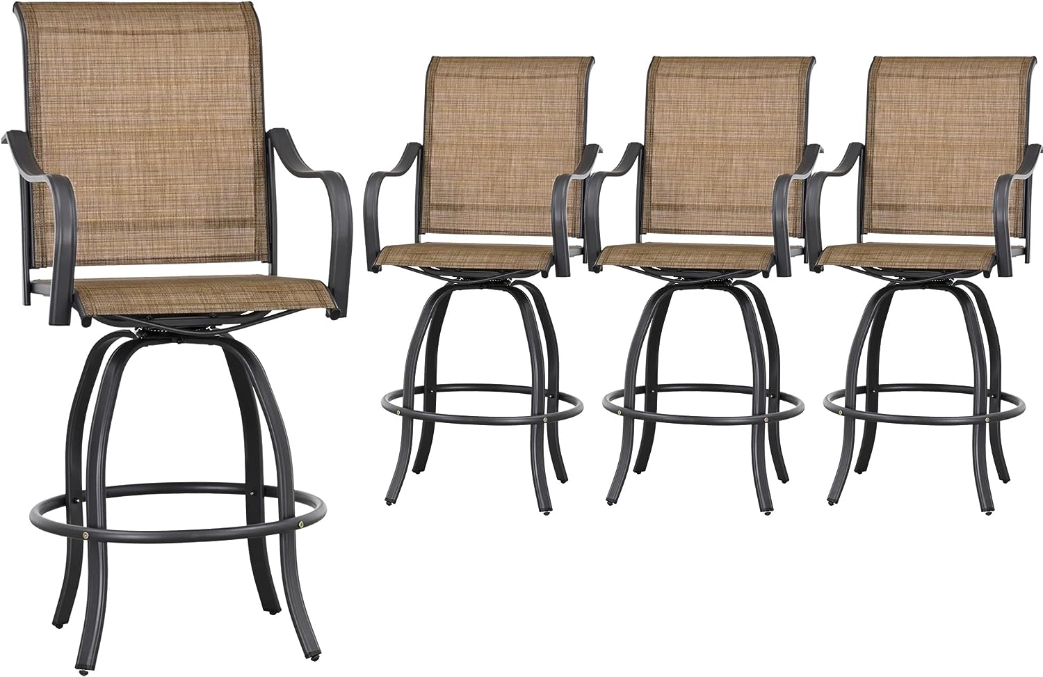 Festival Depot 4Pcs Patio Bistro Set High Back 360° Swivel Chairs with Textilene Fabric and Curved Armrest Bar Height Stools All Weather Metal Outdoor Furniture for Deck Lawn Garden