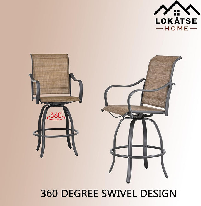 4-Piece Brown 27.6" Bar Height Textilene Swivel Stool Armrests Dining Chairs for Outdoor Bistro Elegance 