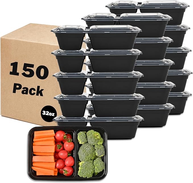 32 oz. 8.86"x 6.1"x 2.56" Rectangle 2 Compartment Meal Prep Containers, Plastic To Go Containers with Lids 