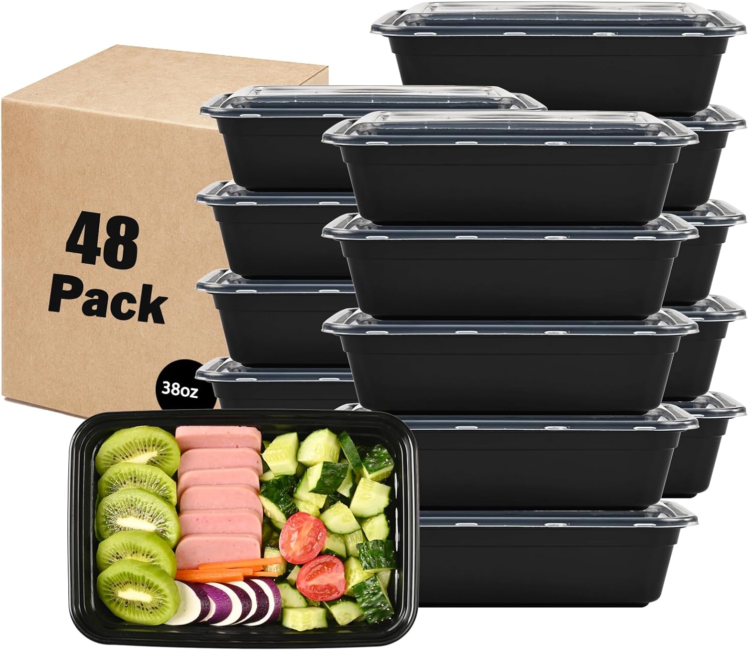 Plastic To-Go Containers And Lids - Rectangle - Black With Clear Lid -  38oz. - 100 Count Box