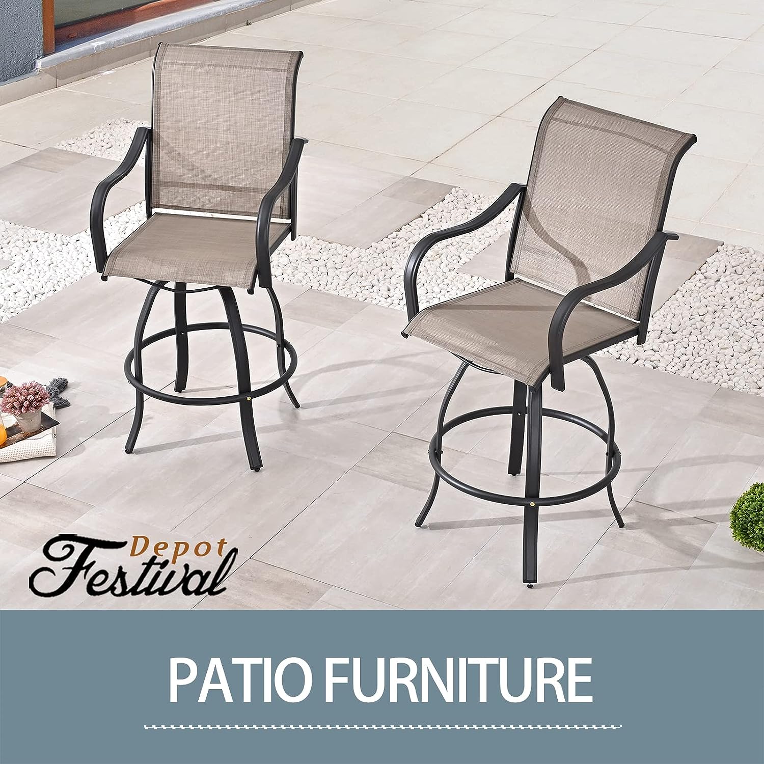 Festival Depot 2 Pcs Bar Height Stools Patio Swivel Chairs Textilene Dining Chairs All Weather Metal Outdoor Furniture for Bistro Garden (Taupe)