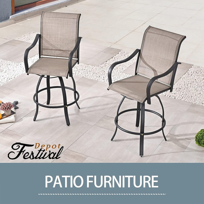 2-Piece Taupe 29.5" Bar Height Textilene Swivel Stool Armrests Dining Chairs for Outdoor Bistro Elegance