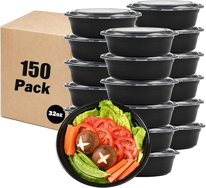 32 oz. 7.5" x 2.36" Round 1 Compartment Meal Prep Containers, Plastic To Go Containers with Lids