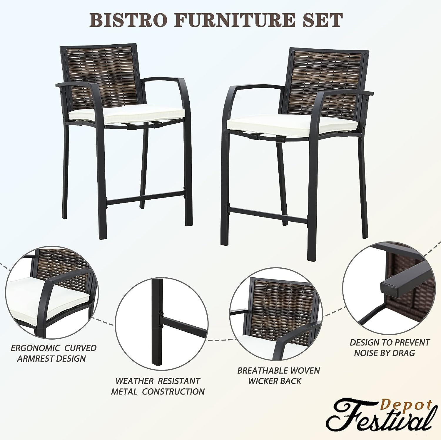 Festival Depot Wicker Bar Stools Patio Rattan Bistro Height Chairs Furniture Set with Beige Cushions, Footrests, Armrests, Metal Frame for Deck Poolside Porch Backyard