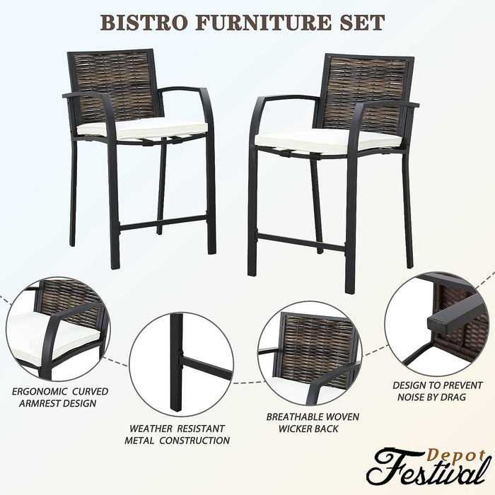 Elegance Wicker Counter Height Patio Stools Rattan Armrests Bar Chairs Set with Beige Cushions Footrests and Metal Frame 