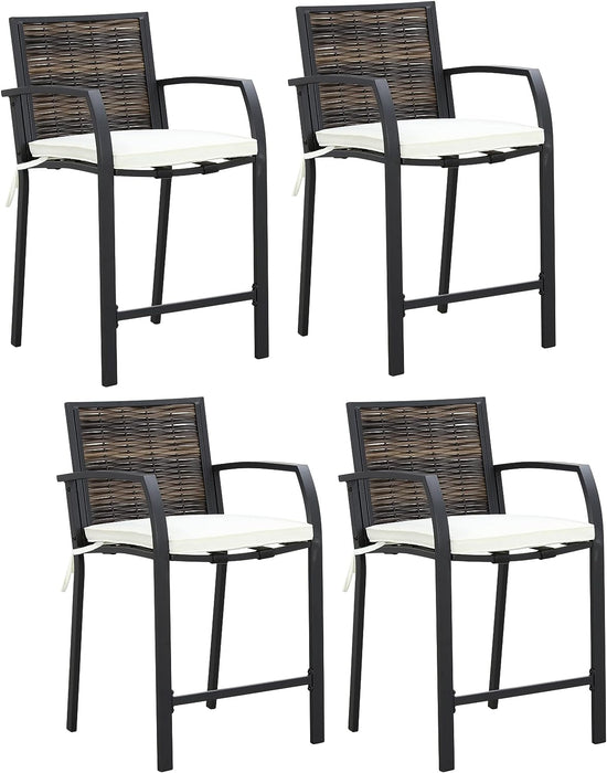 Elegance Wicker Counter Height Patio Stools Rattan Armrests Bar Chairs Set with Beige Cushions Footrests and Metal Frame 