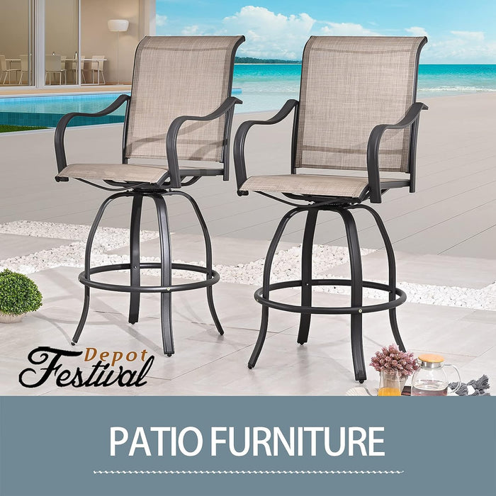 2-Piece Taupe 29.5" Bar Height Textilene Swivel Stool Armrests Dining Chairs for Outdoor Bistro Elegance