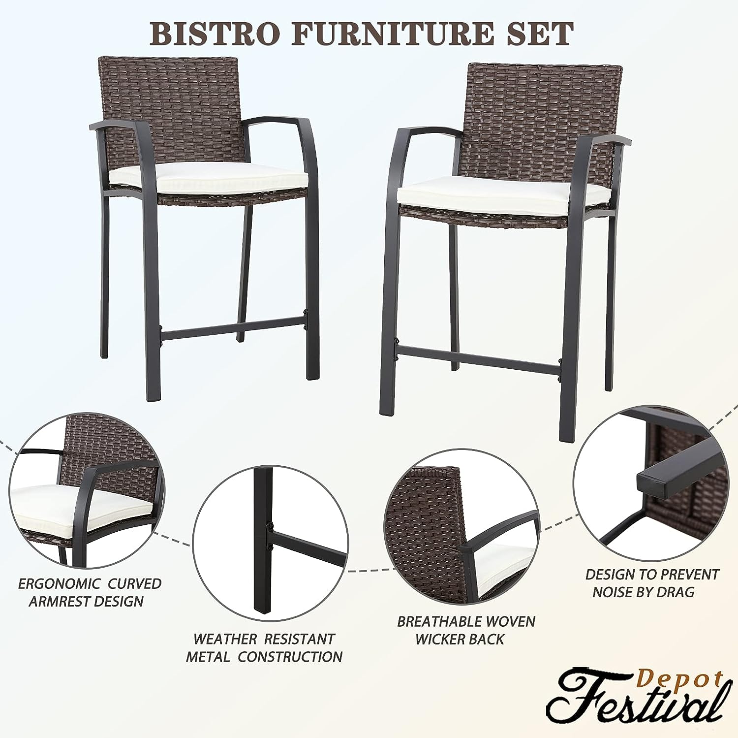 Festival Depot Wicker Bar Stools Patio Rattan Bistro Height Chairs Furniture Set with Beige Cushions, Footrests, Armrests, Metal Frame for Deck Poolside Porch Backyard