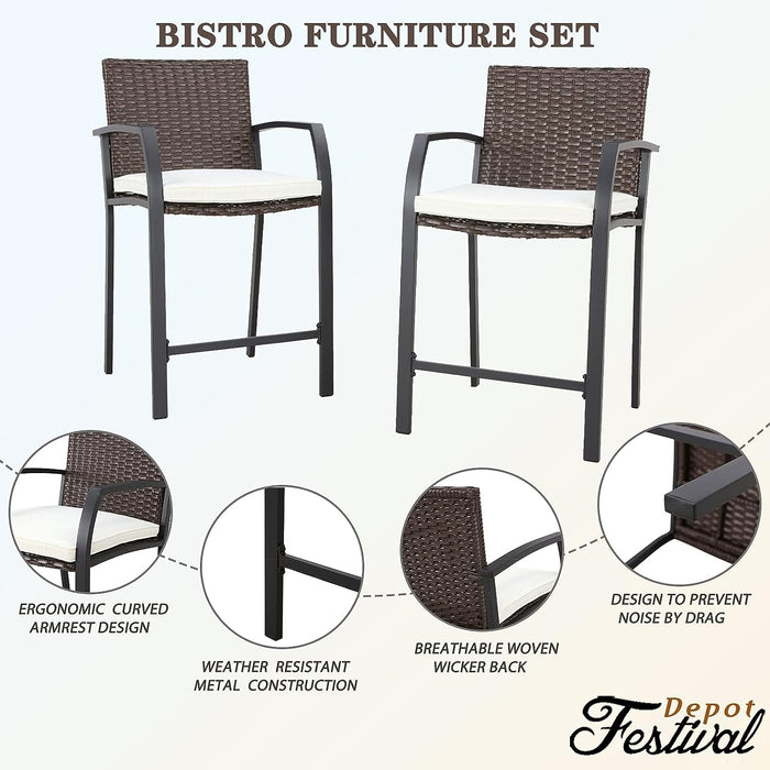 Elegance Wicker Counter Height Patio Stools Rattan Armrests Bar Chairs Set with Beige Cushions Footrests and Metal Frame 