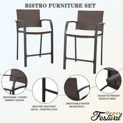 Festival Depot Wicker Bar Stools Patio Rattan Bistro Height Chairs Furniture Set with Beige Cushions, Footrests, Armrests, Metal Frame for Deck Poolside Porch Backyard